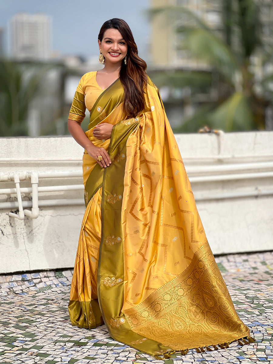 Yellow Soft Silk Dusty Concept Zig Zag Zari Woven Saree