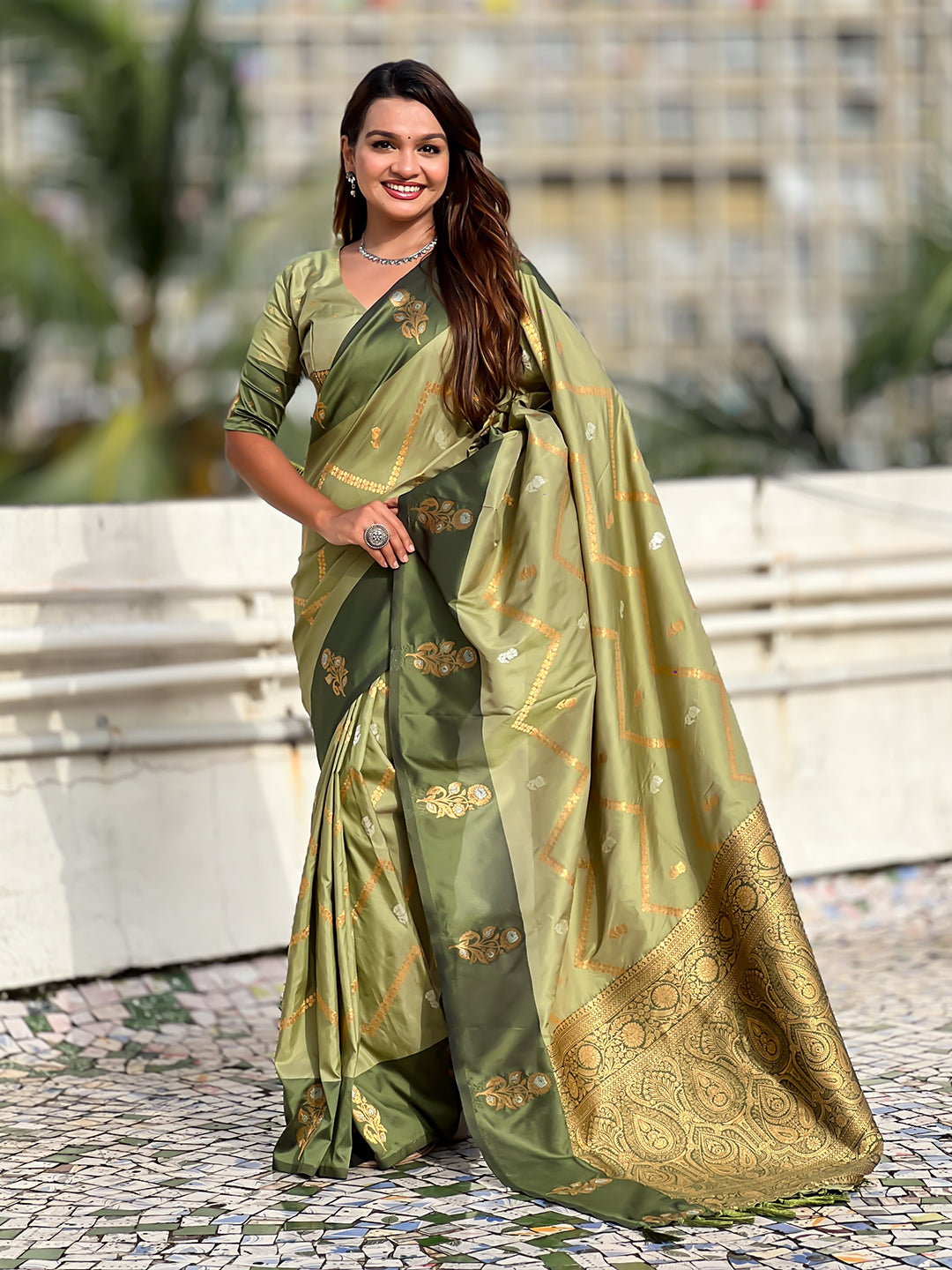 Pista Green Soft Silk Dusty Concept Zig Zag Zari Woven Saree
