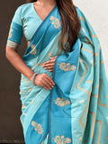 Sky Blue Soft Silk Dusty Concept Zig Zag Zari Woven Saree