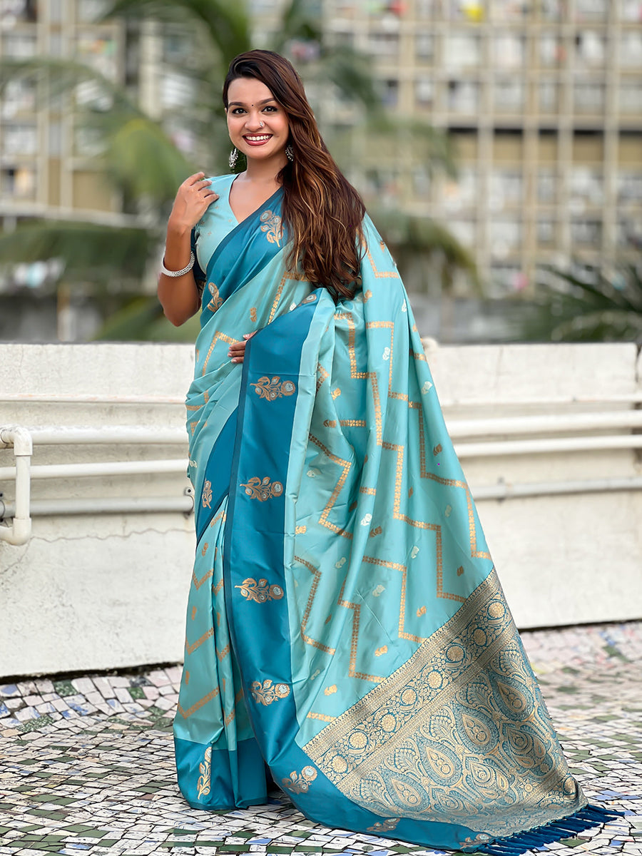 Sky Blue Soft Silk Dusty Concept Zig Zag Zari Woven Saree