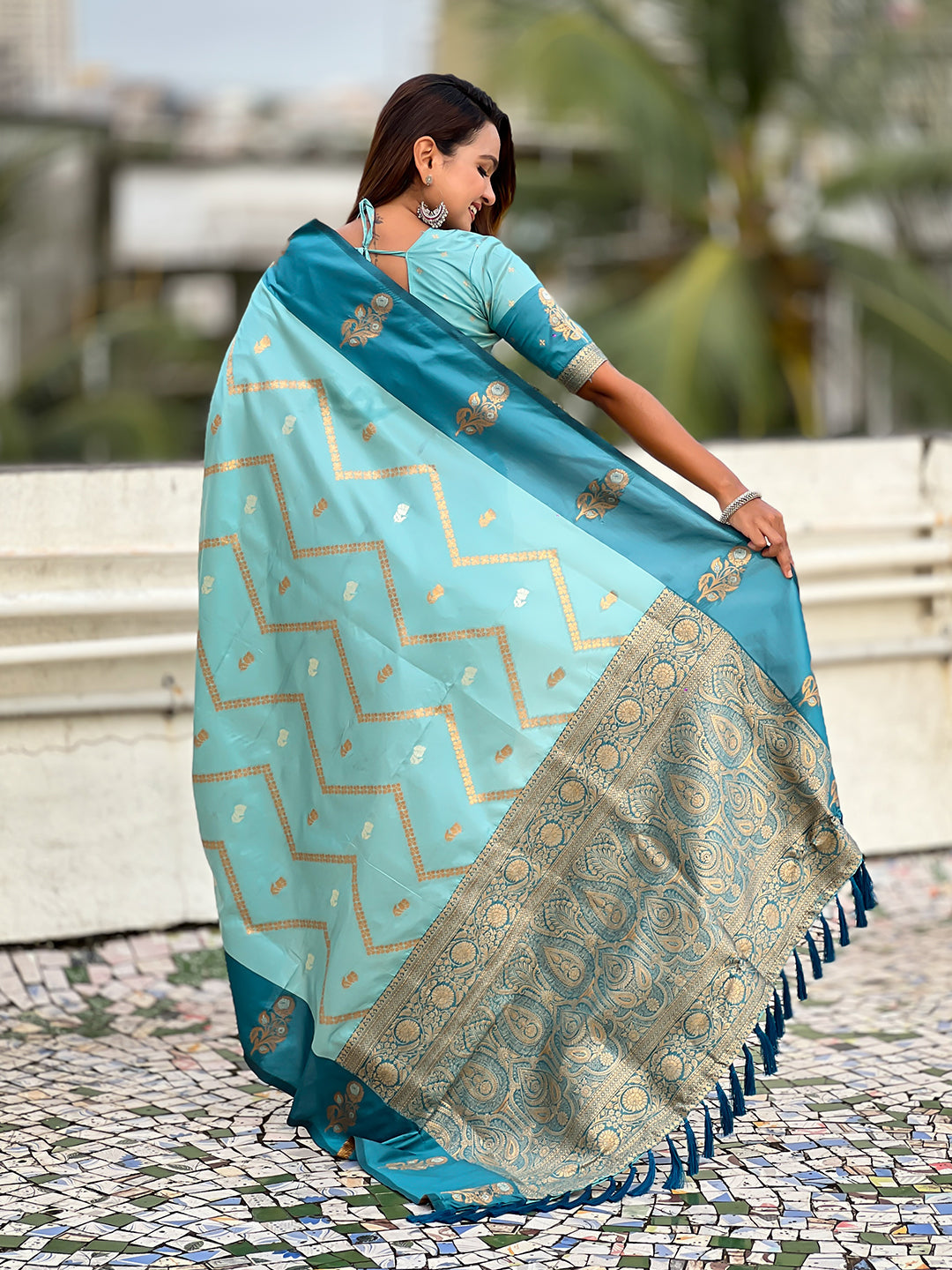 Sky Blue Soft Silk Dusty Concept Zig Zag Zari Woven Saree