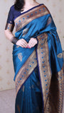 Metallic Blue Soft Silk Banarasi Peacock Zari Woven Saree