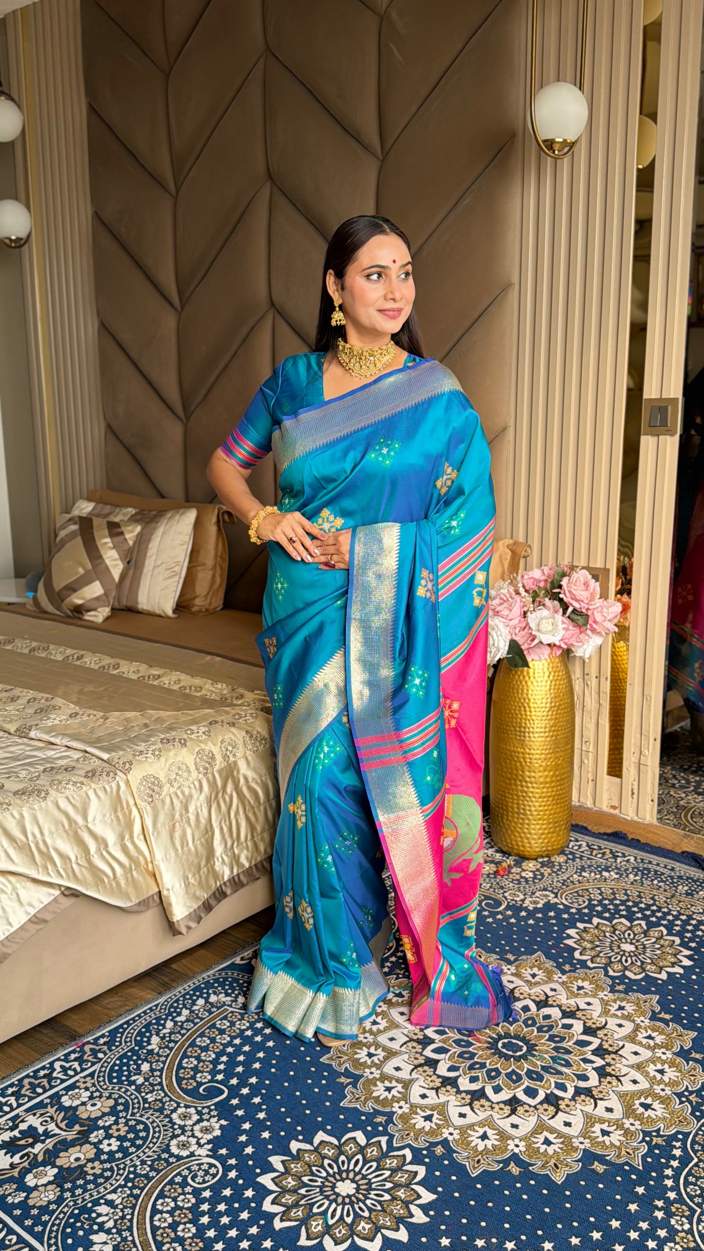 Rama Soft Silk Ikkat Patola Saree with Meenakari Motifs Peacock Pallu and Gold Zari Border