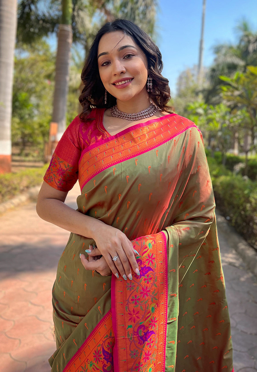 Mehendi Green Original Meenakari Muniya Paithani Silk Zari Woven Saree