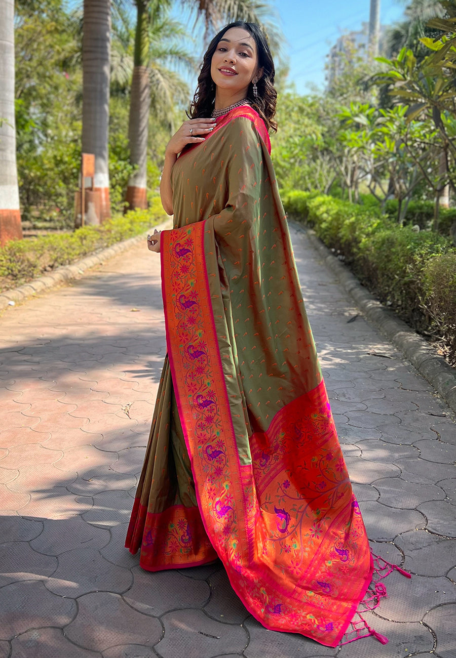 Mehendi Green Original Meenakari Muniya Paithani Silk Zari Woven Saree