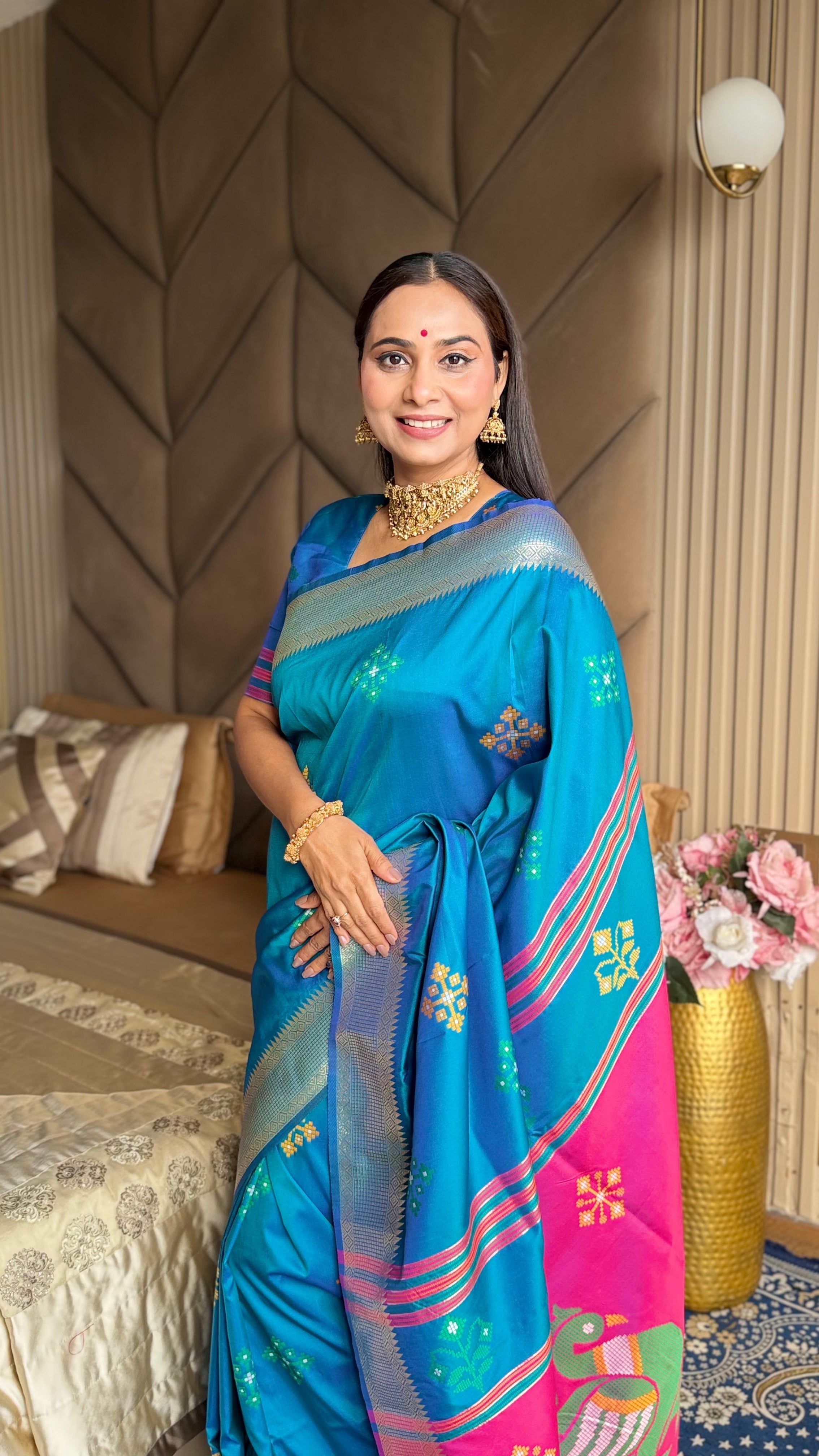 Rama Soft Silk Ikkat Patola Saree with Meenakari Motifs Peacock Pallu and Gold Zari Border