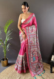 Pink Tussar Silk Madhubani Printed Saree with Zari Woven Border