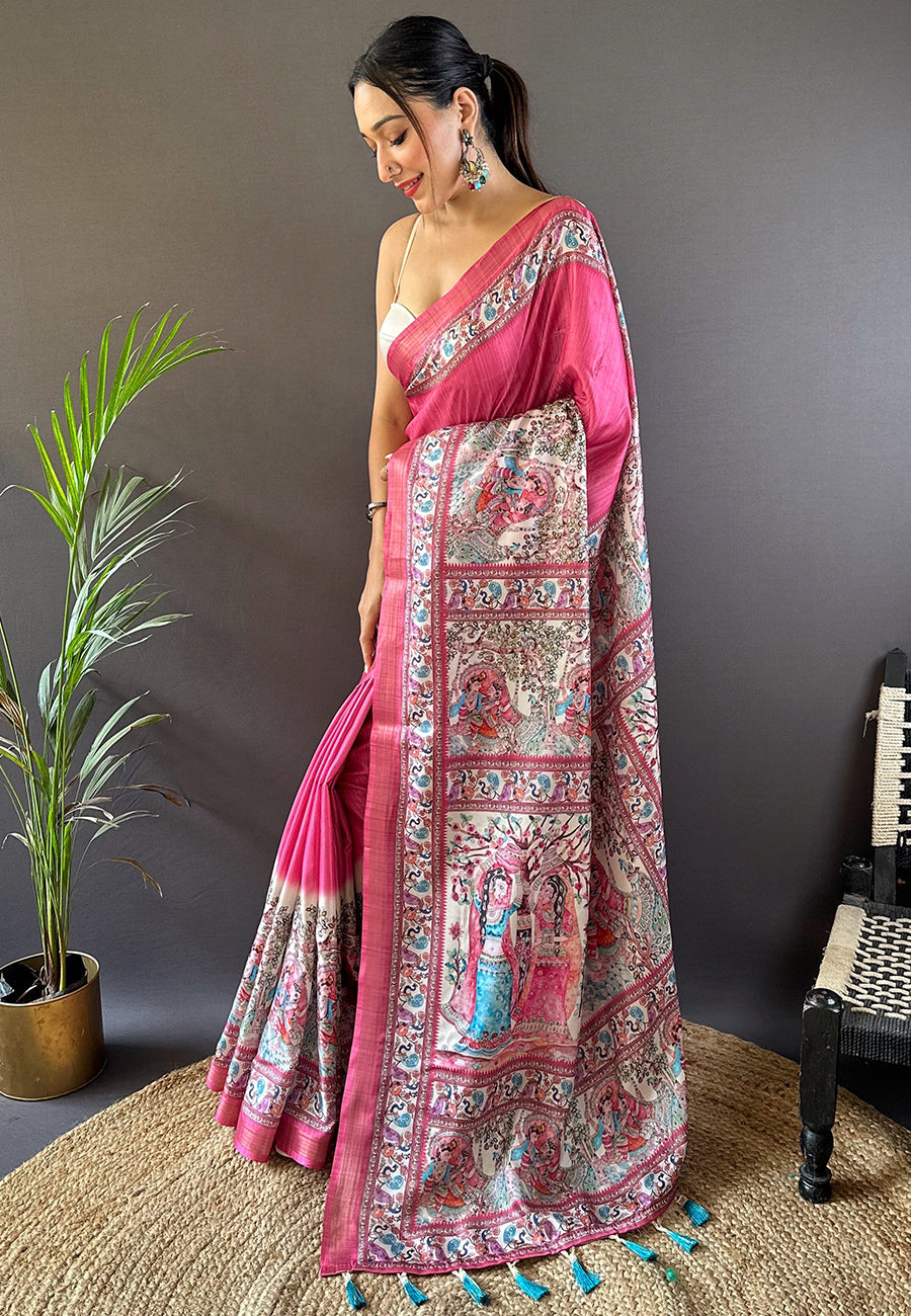 Pink Tussar Silk Madhubani Printed Saree with Zari Woven Border