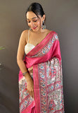 Pink Tussar Silk Madhubani Printed Saree with Zari Woven Border
