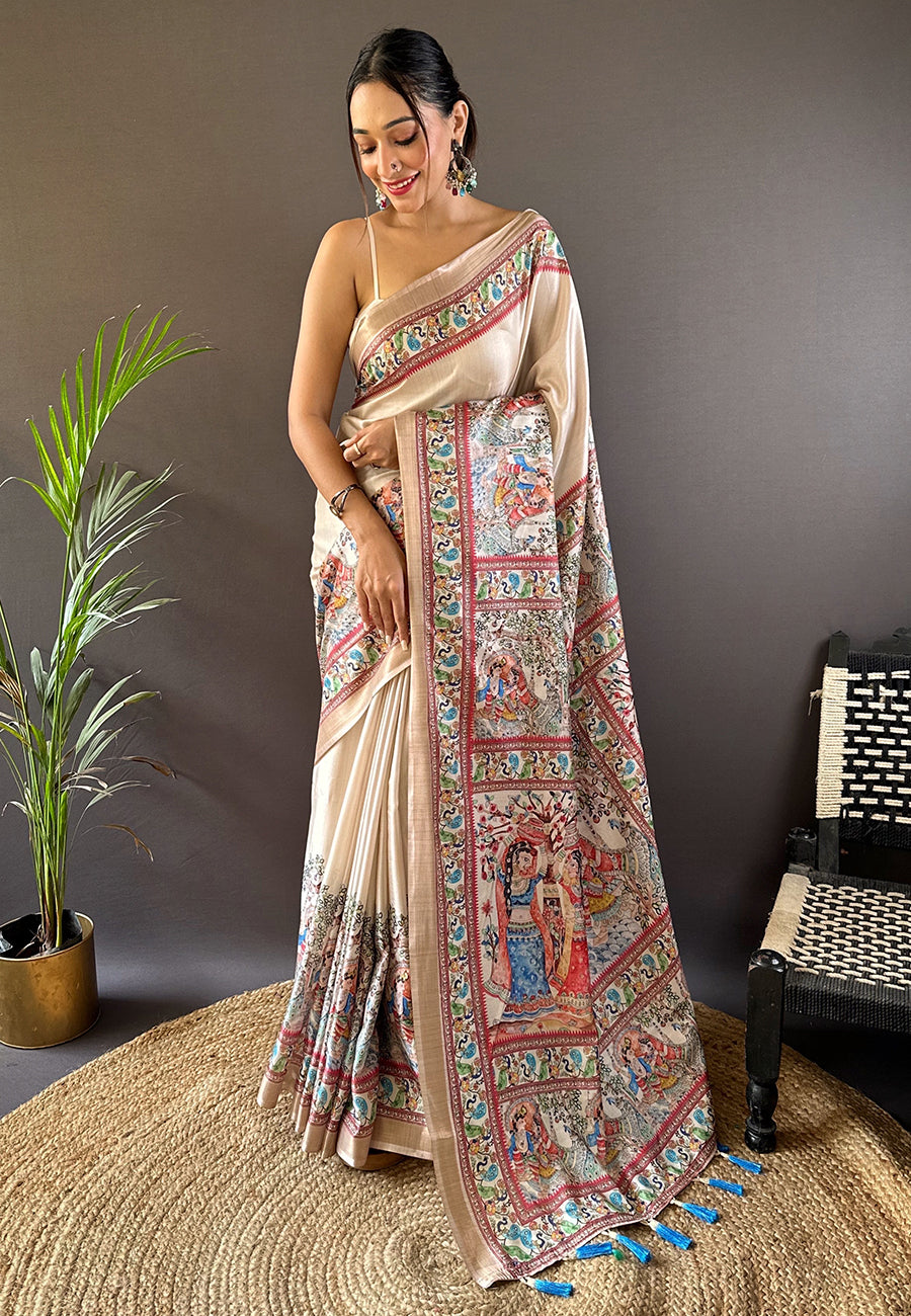 Cream Tussar Silk Madhubani Printed Saree with Zari Woven Border