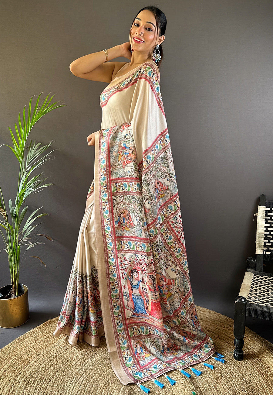 Cream Tussar Silk Madhubani Printed Saree with Zari Woven Border