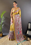 Gold Tussar Silk Madhubani Printed Saree with Zari Woven Border