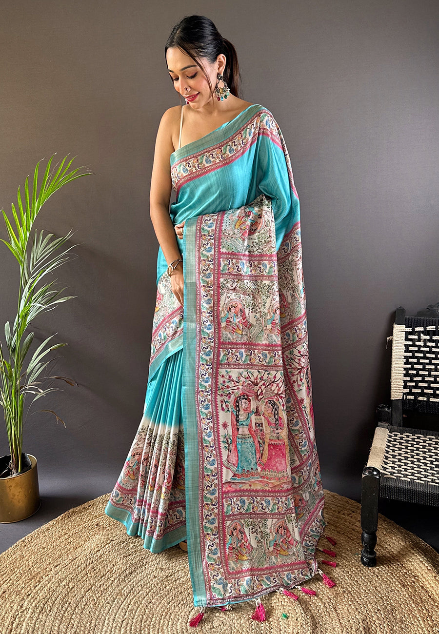 Turquoise Blue Tussar Silk Madhubani Printed Saree with Zari Woven Border