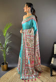 Turquoise Blue Tussar Silk Madhubani Printed Saree with Zari Woven Border