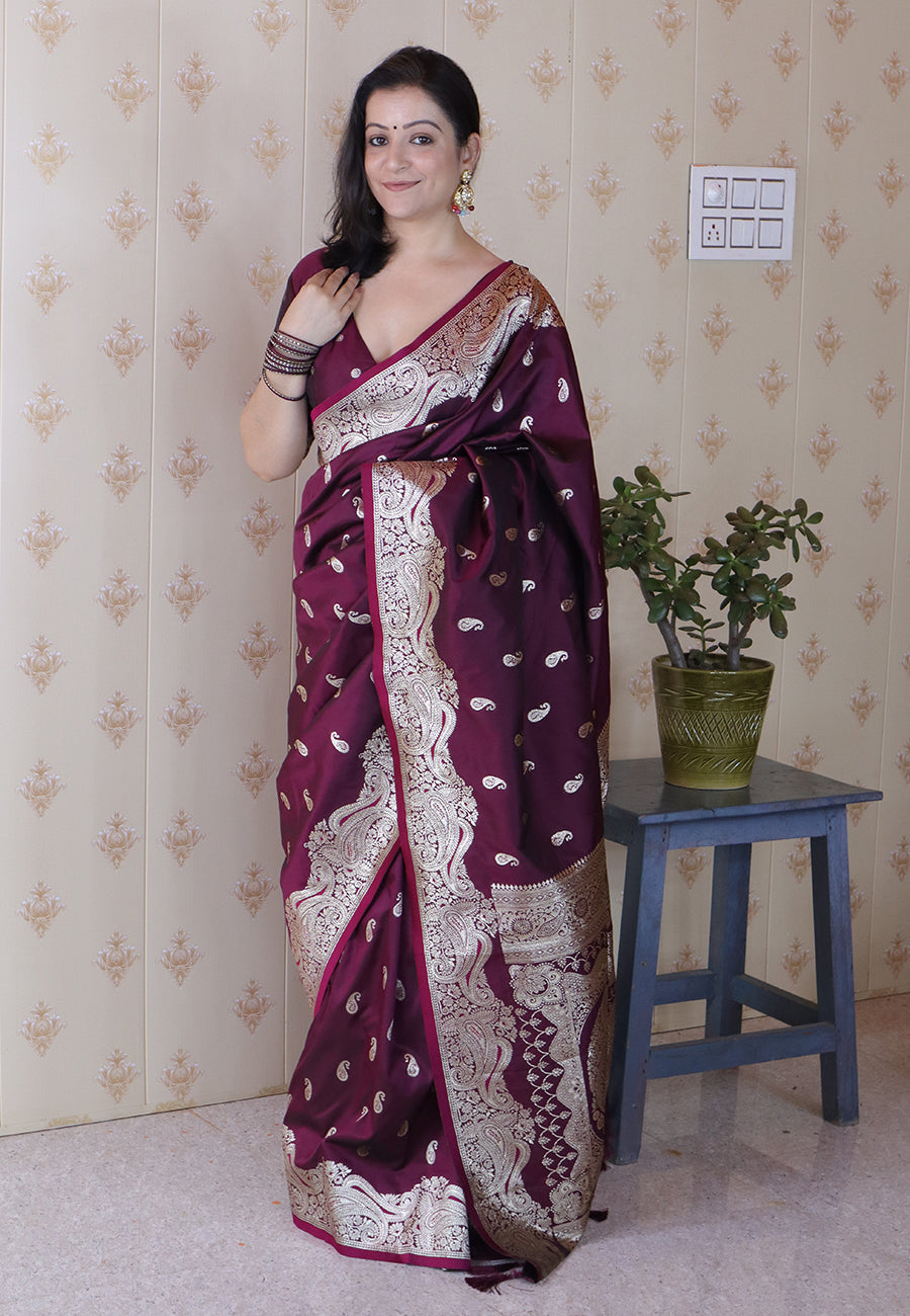 Wine Banarasi Soft Silk Silver Zari Woven Saree
