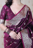 Wine Banarasi Soft Silk Silver Zari Woven Saree