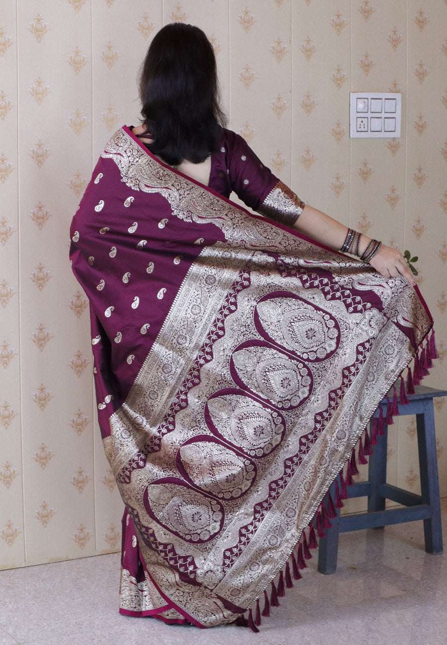 Wine Banarasi Soft Silk Silver Zari Woven Saree