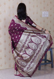 Wine Banarasi Soft Silk Silver Zari Woven Saree