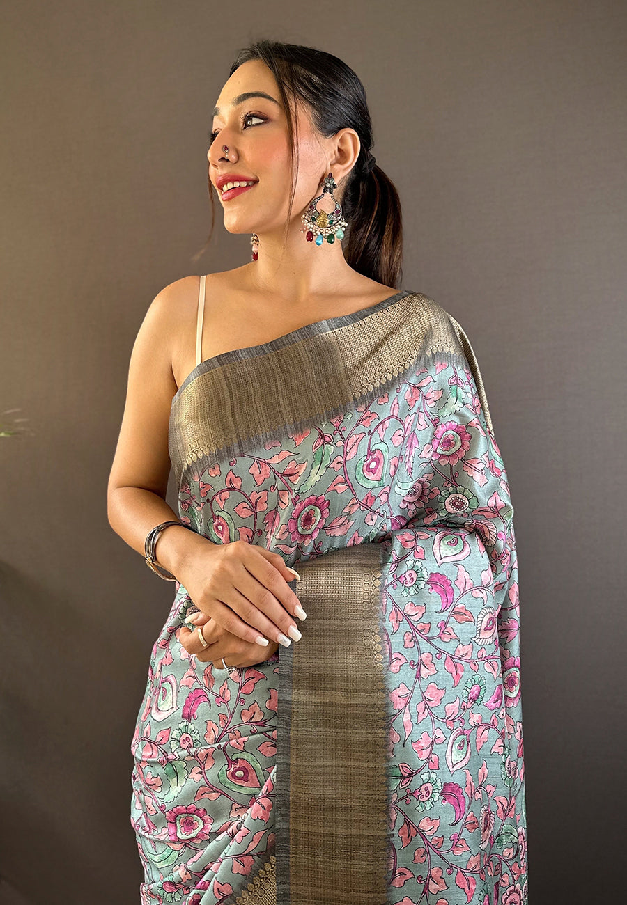 Blue Assam Silk Kalamkari Printed Saree with Zari Woven Border