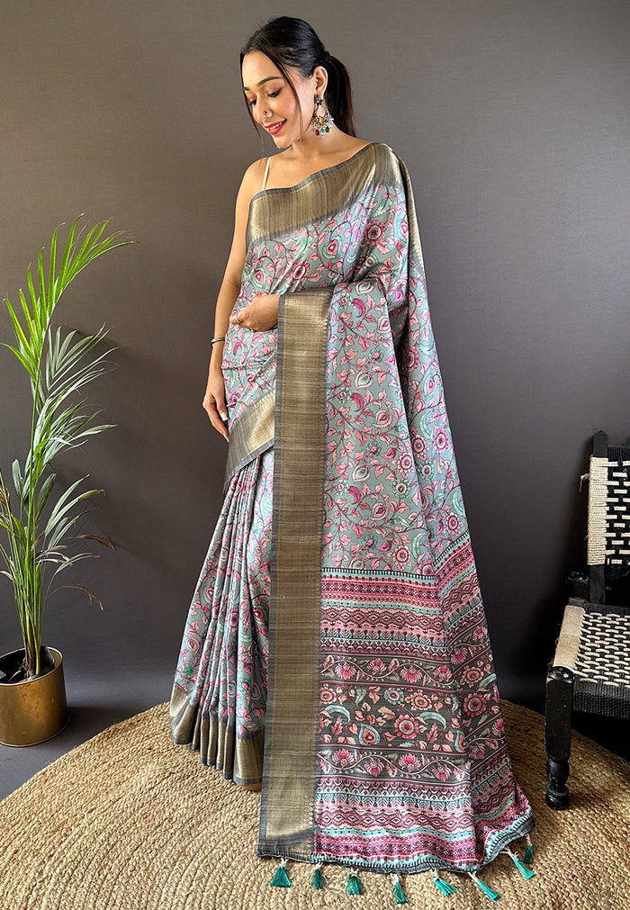 Blue Assam Silk Kalamkari Printed Saree with Zari Woven Border