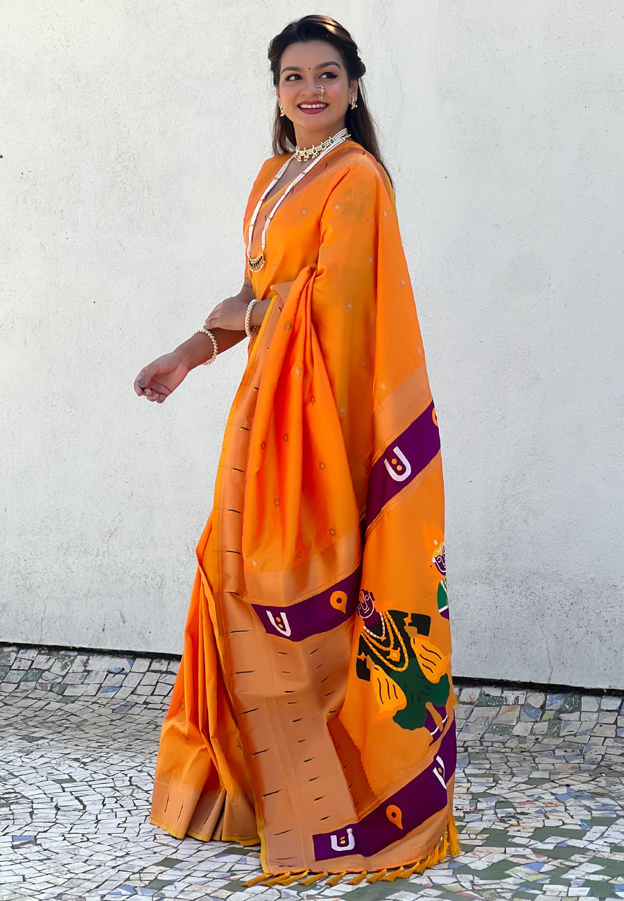 Yellow Zari Woven Vitthala God Special Traditional Paithani Silk Saree