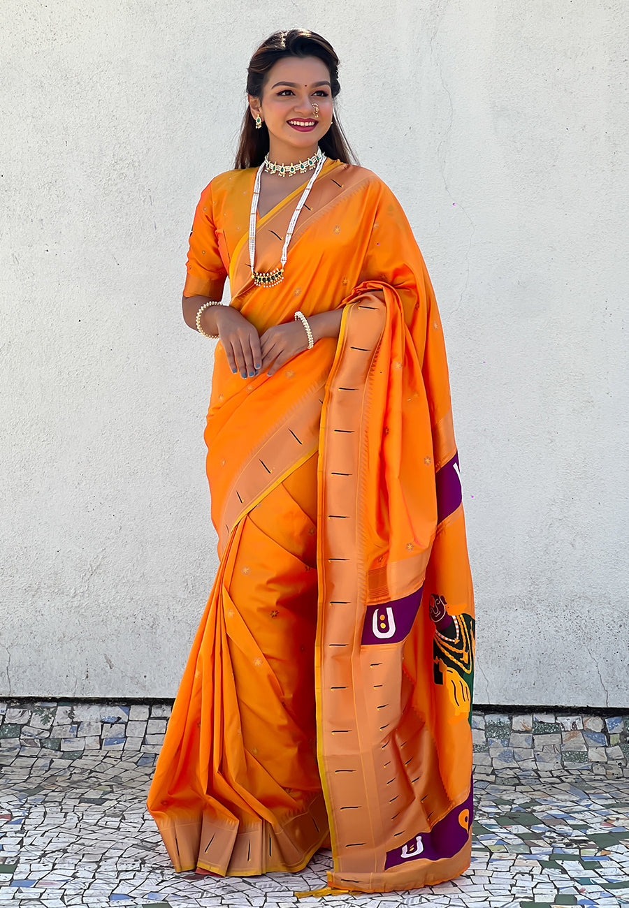 Yellow Zari Woven Vitthala God Special Traditional Paithani Silk Saree