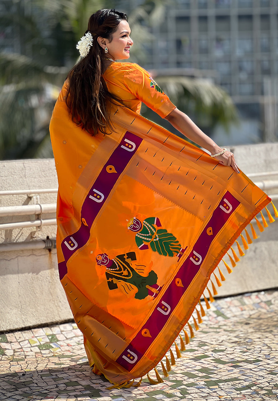 Yellow Zari Woven Vitthala God Special Traditional Paithani Silk Saree