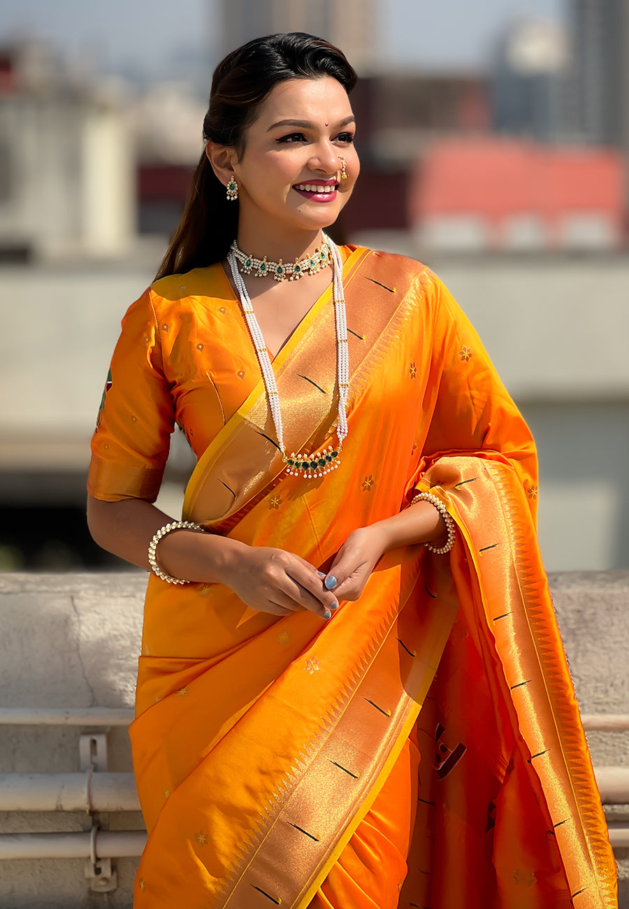 Yellow Zari Woven Vitthala God Special Traditional Paithani Silk Saree