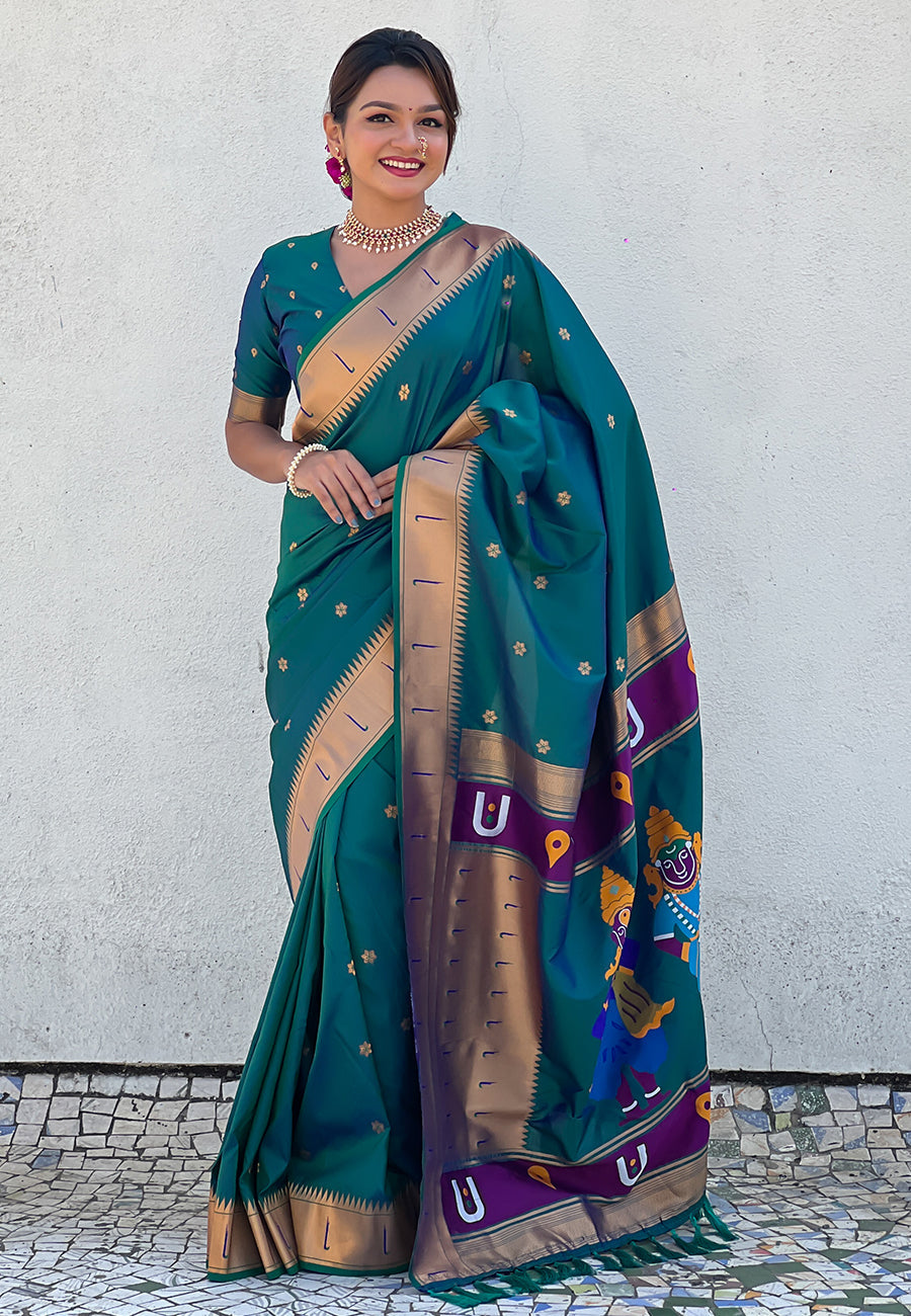 Green Zari Woven Vitthala God Special Traditional Paithani Silk Saree