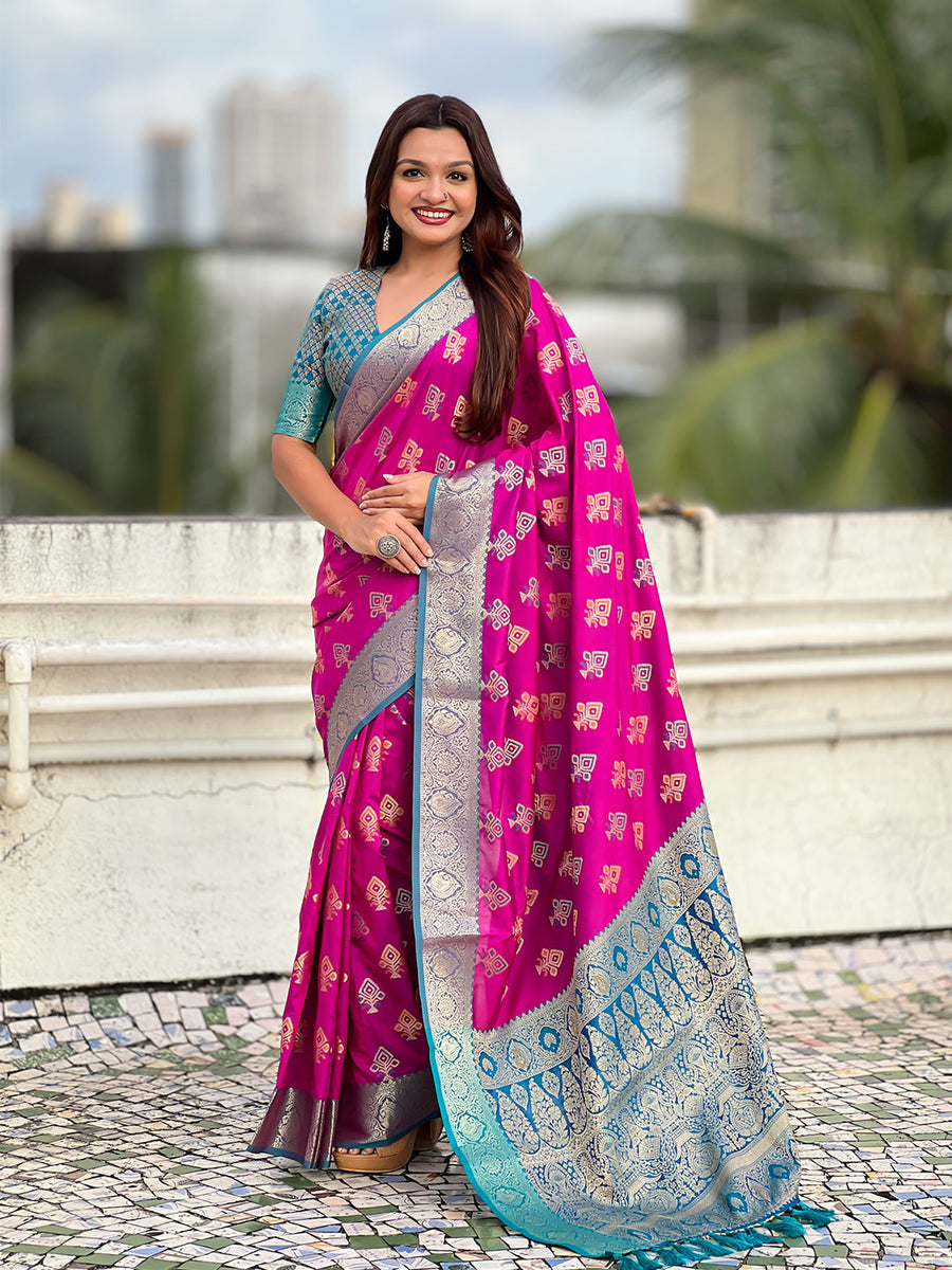 Purple Soft Silk Zari Woven Ikkat Patola Saree with Contrast Weaves