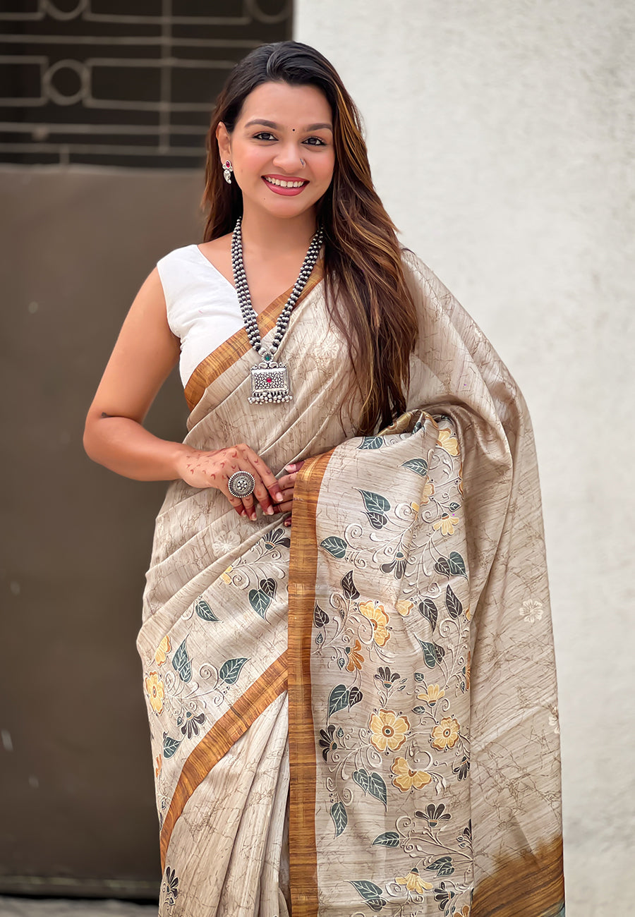 Yellow Katki Silk Floral Printed Saree with Piping Border