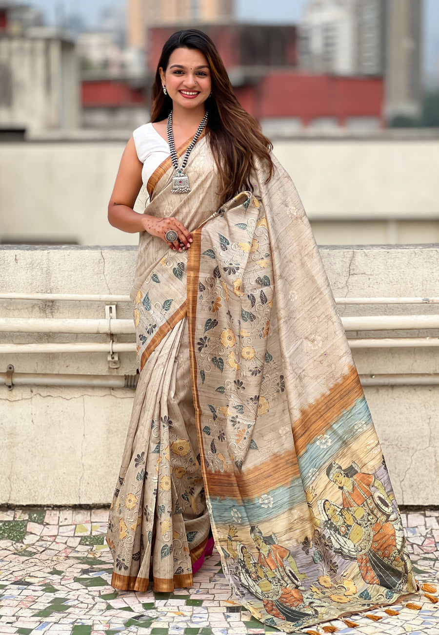 Yellow Katki Silk Floral Printed Saree with Piping Border