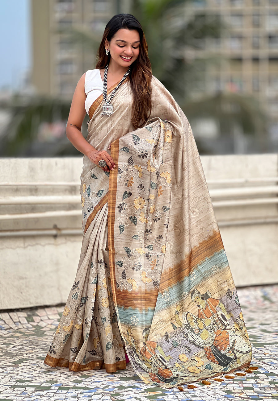 Yellow Katki Silk Floral Printed Saree with Piping Border
