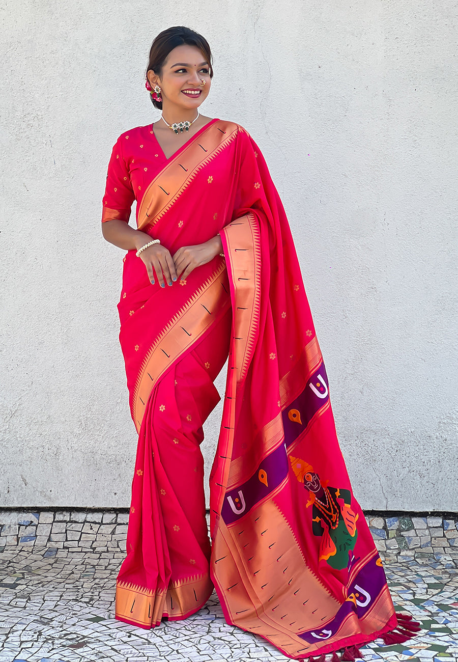 Pink Zari Woven Vitthala God Special Traditional Paithani Silk Saree