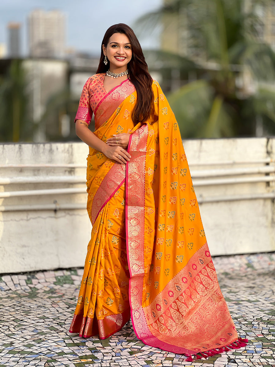 Mustard Soft Silk Zari Woven Ikkat Patola Saree with Contrast Weaves