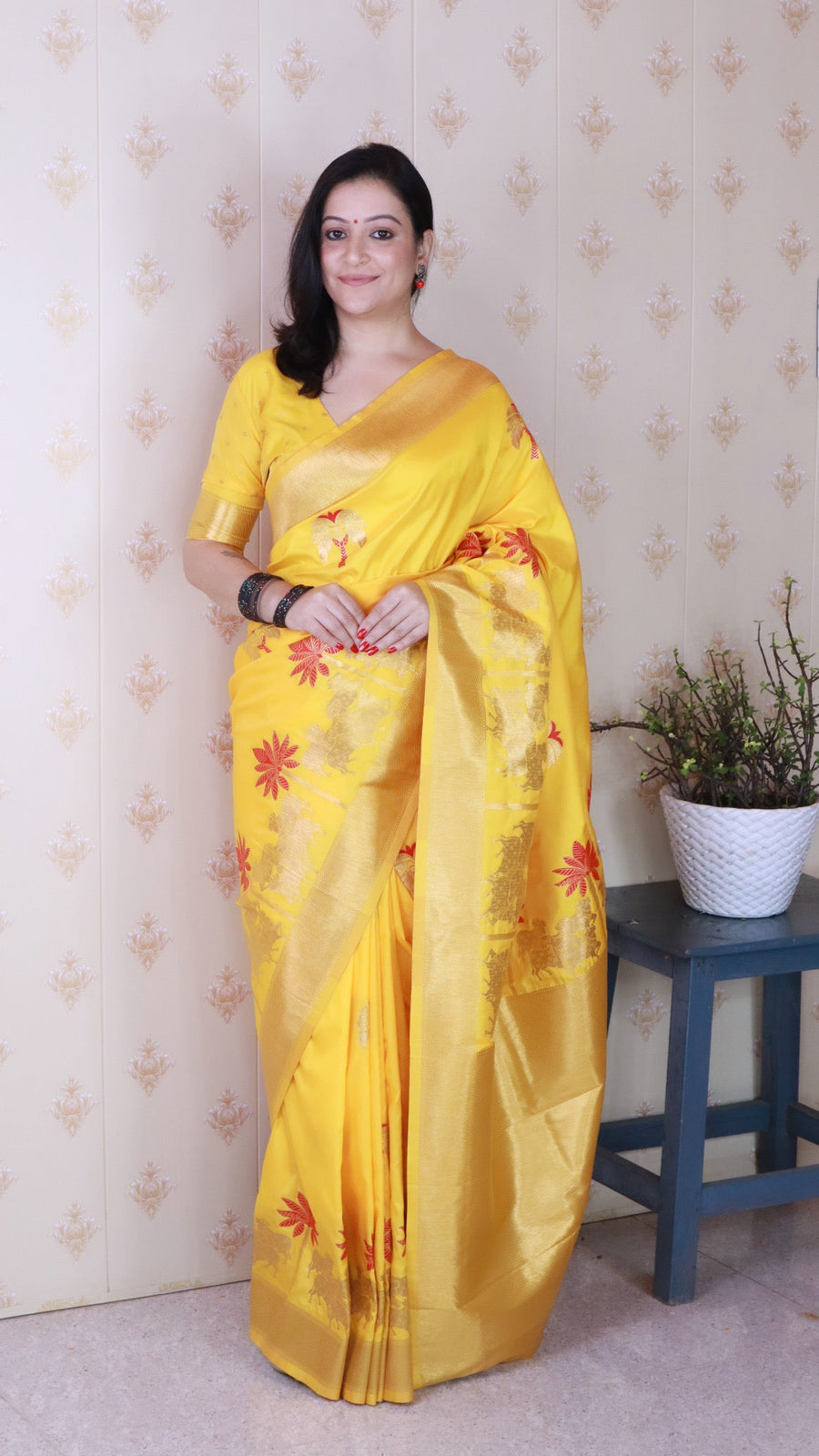 Bright Yellow Soft Silk Saree with Kamdhenu Weaves Zari Woven Saree