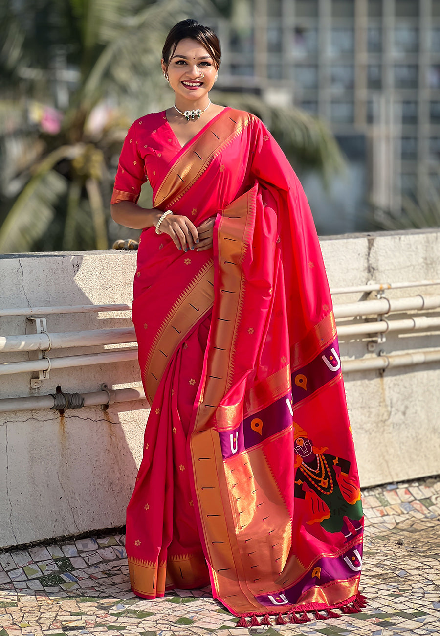 Pink Zari Woven Vitthala God Special Traditional Paithani Silk Saree