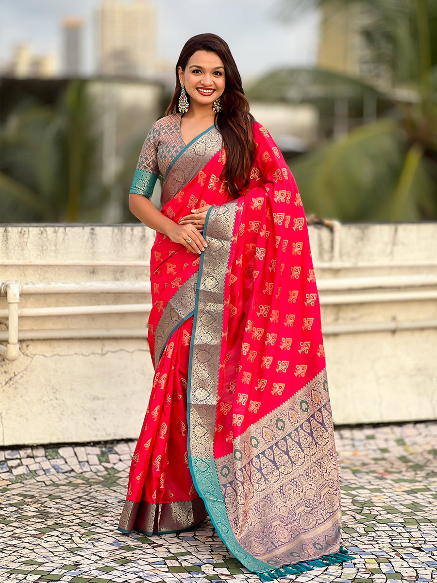 Pink Soft Silk Zari Woven Ikkat Patola Saree with Contrast Weaves
