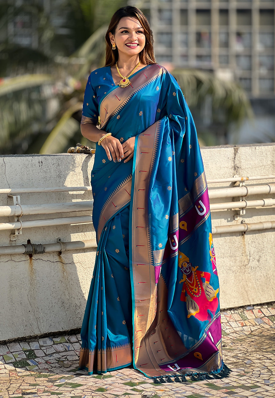 Rama Blue Zari Woven Vitthala God Special Traditional Paithani Silk Saree