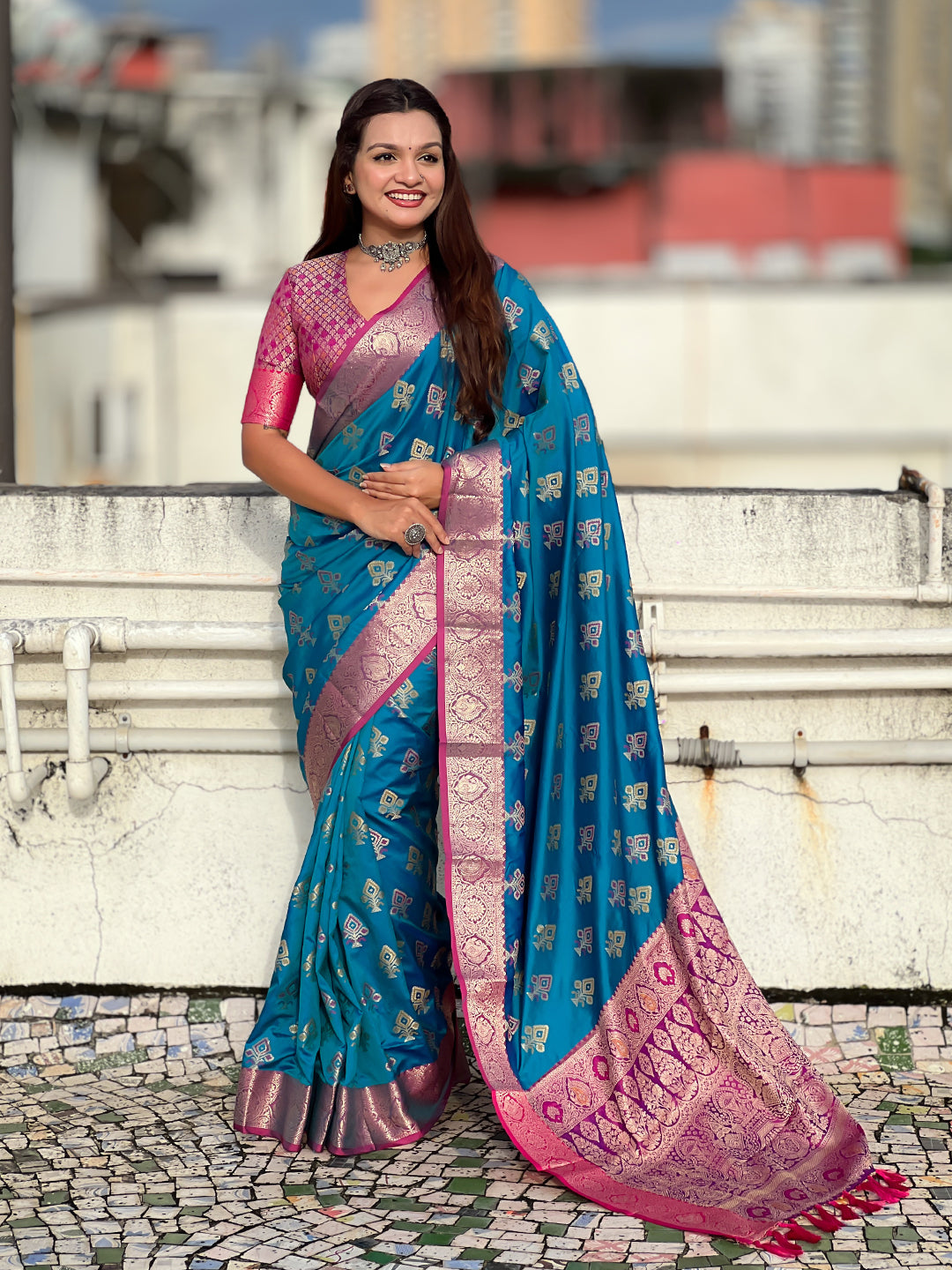 Blue Soft Silk Zari Woven Ikkat Patola Saree with Contrast Weaves