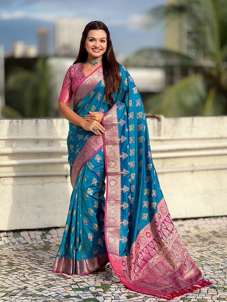 Blue Soft Silk Zari Woven Ikkat Patola Saree with Contrast Weaves