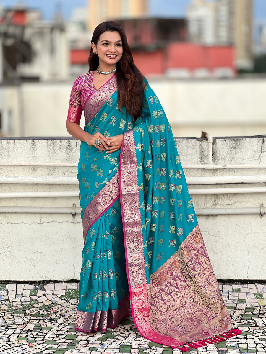 Sky Blue Soft Silk Zari Woven Ikkat Patola Saree with Contrast Weaves