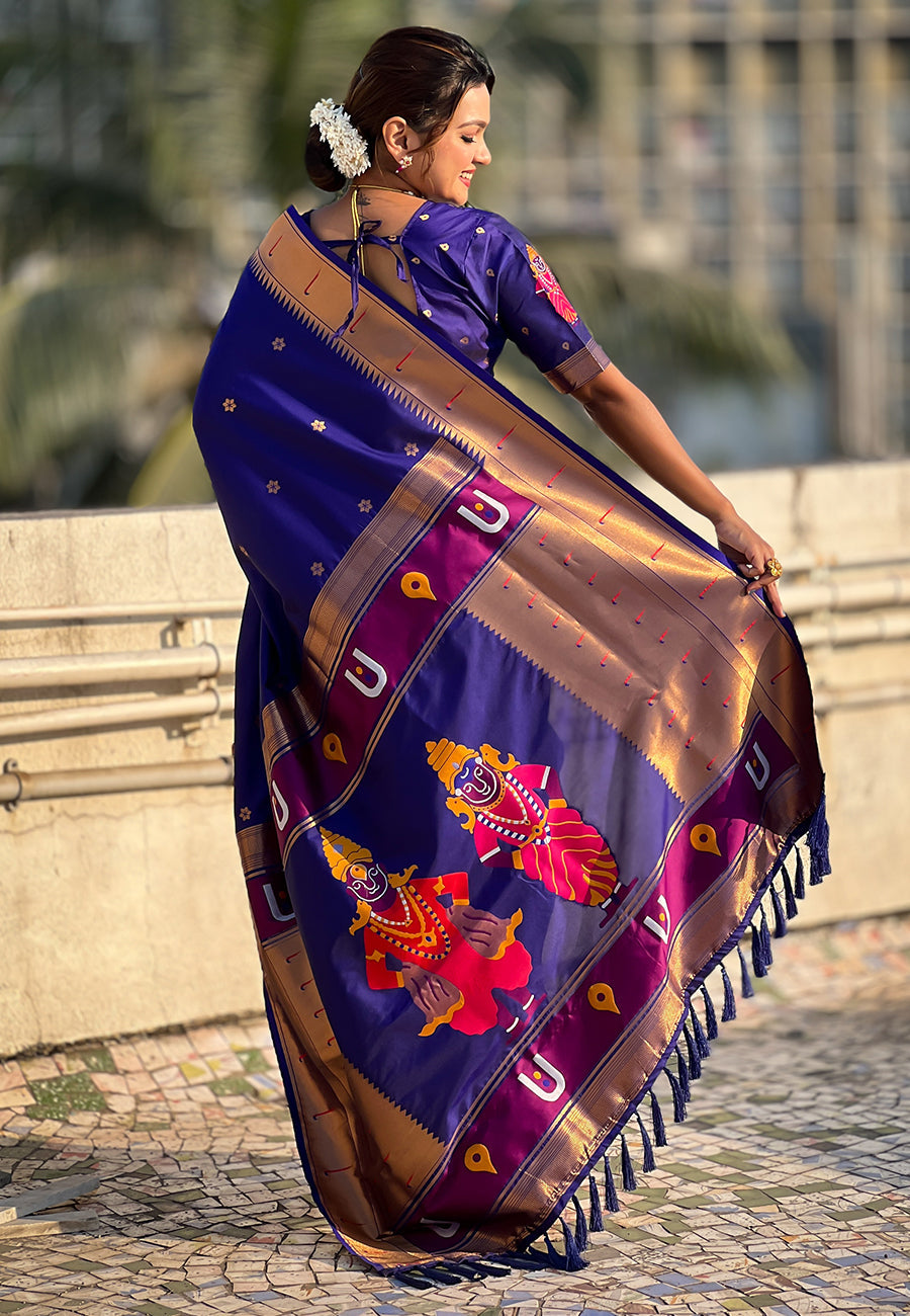 Violet Zari Woven Vitthala God Special Traditional Paithani Silk Saree