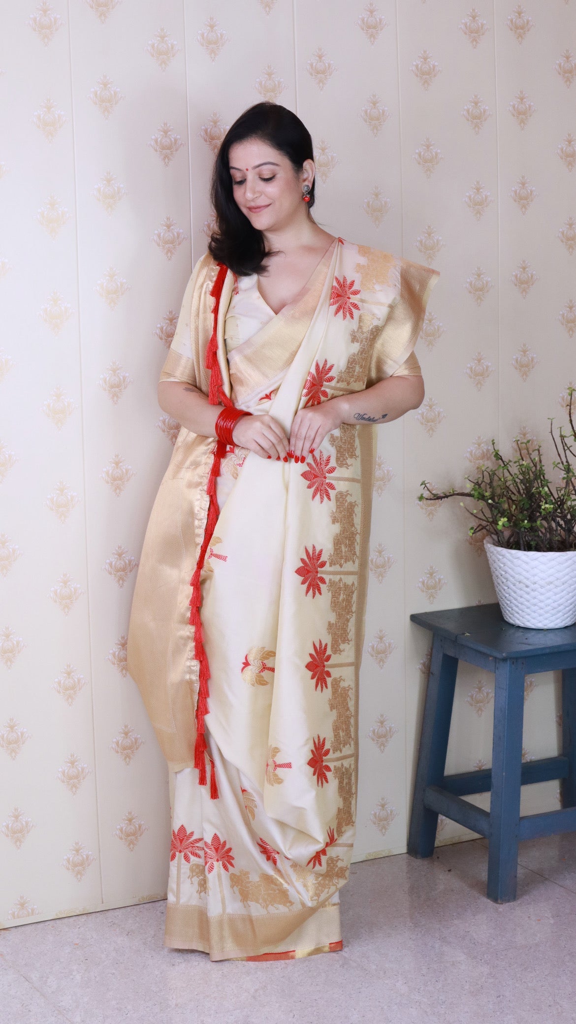 Cream Red Soft Silk Saree with Kamdhenu Weaves Zari Woven Saree