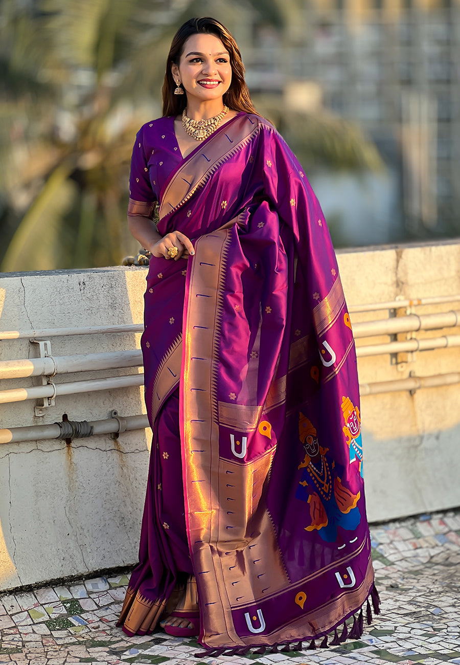 Wine Zari Woven Vitthala God Special Traditional Paithani Silk Saree