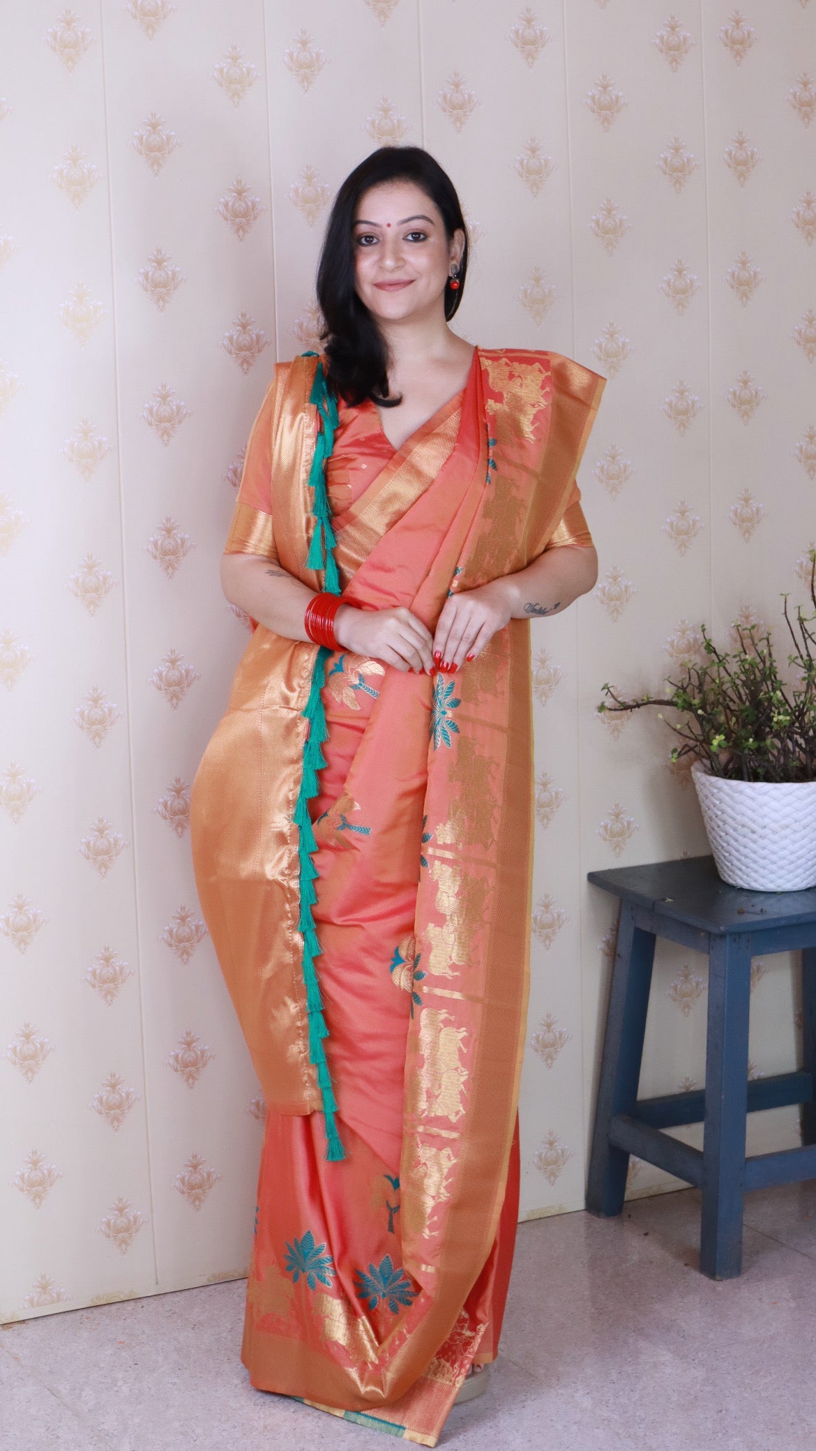 Peach Soft Silk Saree with Kamdhenu Weaves Zari Woven Saree