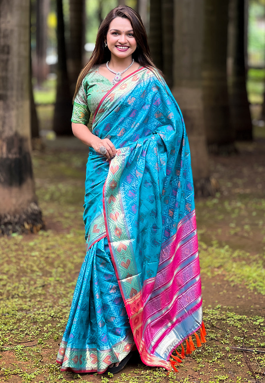 Sky Blue Soft Patola Silk Meenakari Zari Woven Saree