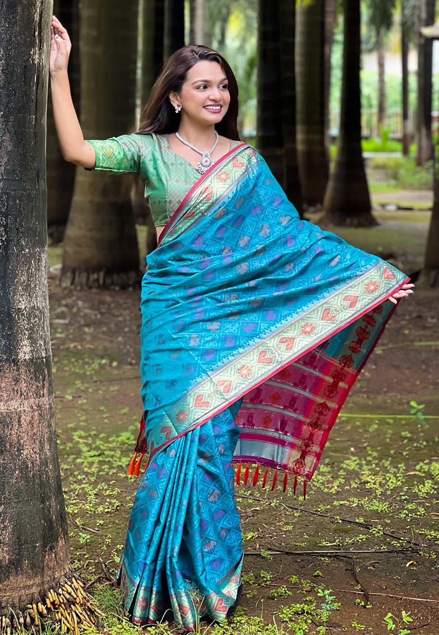 Sky Blue Soft Patola Silk Meenakari Zari Woven Saree