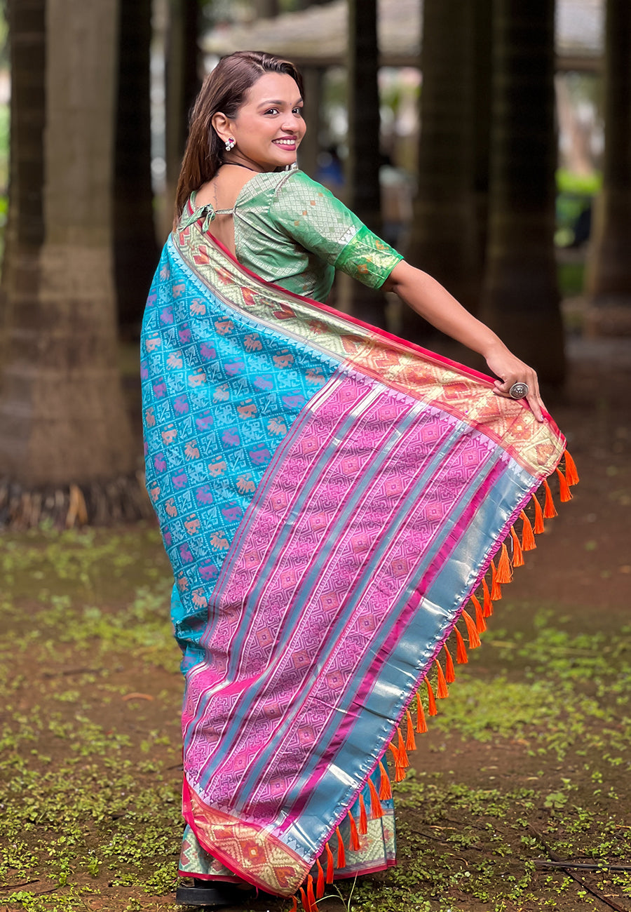 Sky Blue Soft Patola Silk Meenakari Zari Woven Saree