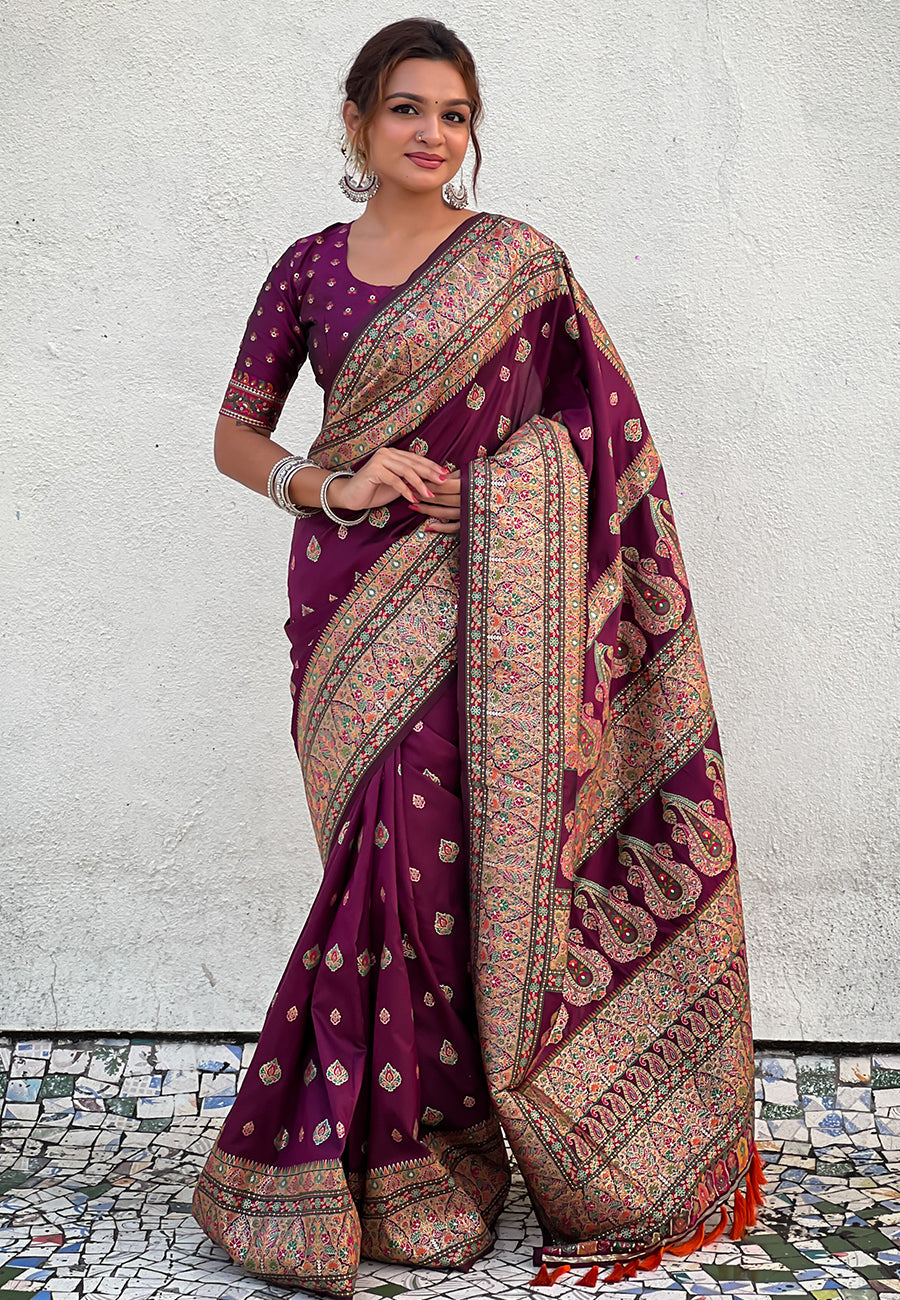 Wine Pashmina Kashmiri Silk Zari Woven Saree